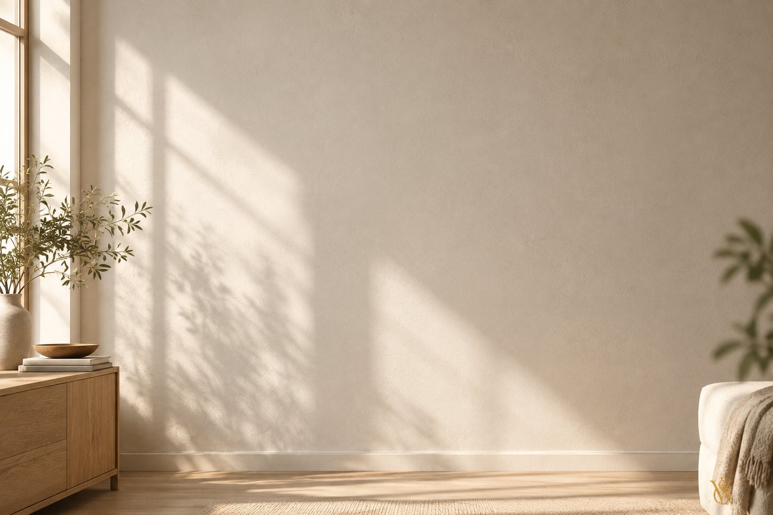 A sunlit living room with a bare wall, ready for a Veltriq Studio piece